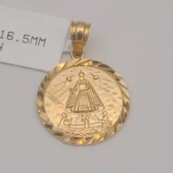 14k Yellow Gold Solid Caridad Del Cobre Round Charm Pendant 17.0 mm