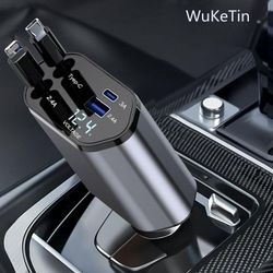 4 in 1 Retractable Car Charger, 100W Fast Car Phone Charger with iPhone and Type C Cable and 2 Charging Ports Car Charger Adapter