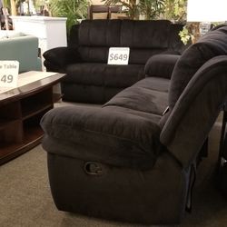 Brand New Black Padded Suede Manual Reclining Sofa + Loveseat 2PCs Set