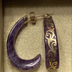 14 KT Gold Half Hoop Purple Jade And Gold Earrings 