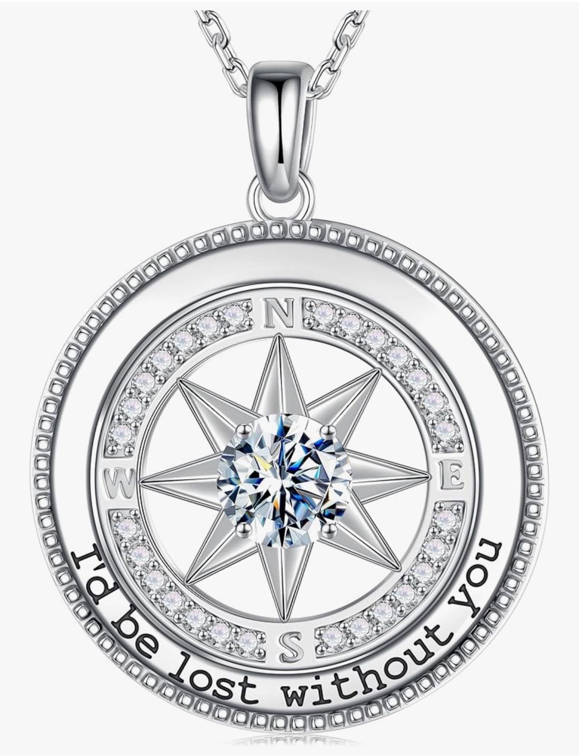 MOOSEA 925 Sterling Silver Compass Moissanite Necklace, (I‘d be lost without you),