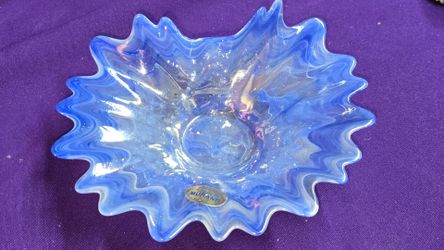 Vintage Murano Blue Glass Bowl/ Iridescent Blue Scallops P8R614