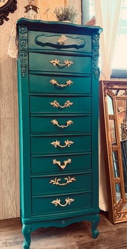 Gorgeous Vintage Peacock Teal & Gold French Lingerie Dresser
