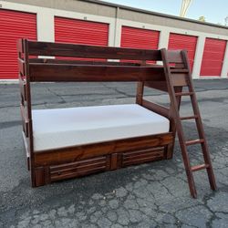 Wooden Twin Size Bunk Bed With 1 Mattress And Two Drawers