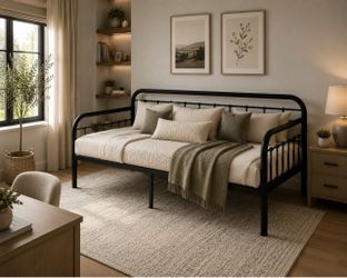 Twin Day Bed,Black Sanded Color Heavy Duty Metal Slats Sofa Bed Platform Mattress Foundation