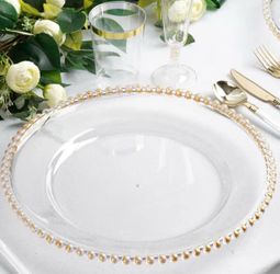Clear gold rim beaded acrylic plates 13”