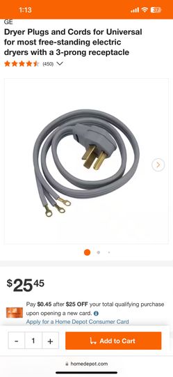 GE Dryer Plugs and Cords for Universal for most free-standing electric dryers with a 3-prong receptacle