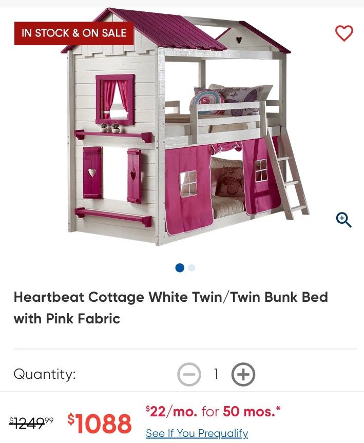 Heartbeat Cottage White Twin/Twin Bunk Bed with Pink Fabric

