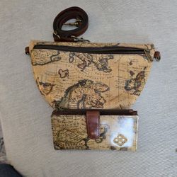 Patricia Nash, Leather Europe Map Crossbody/Fanny  Pack and Matching Wallet