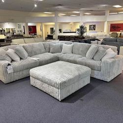 Grey Corduroy Sectional With Ottoman