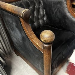 Vintage Black Leather Wood Chair