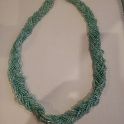 Braided Turquoise & Silver Seed Beads Choker Necklace 14" Drop From Neck F10