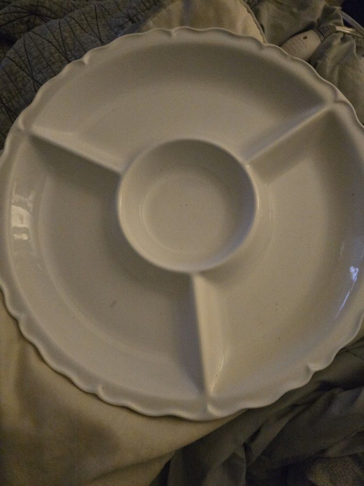 Big White Divided Glass Serving PlatterRound platter with three sections.
