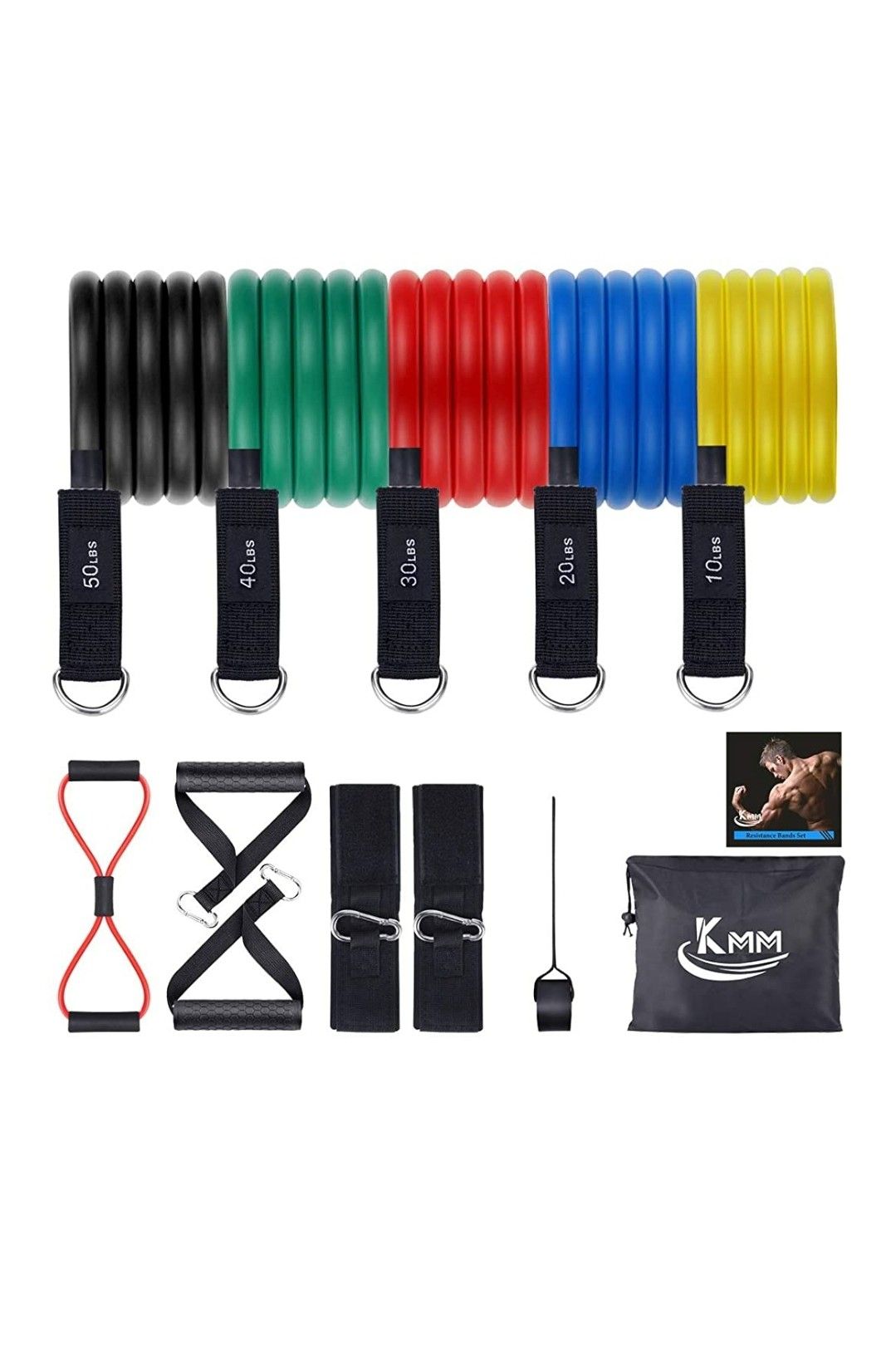 Resistance Bands Set 12pcs, Exercise Bands Figure 8 Resistance Band with Door Anchor, Handles, Ankle Straps, Stackable Up to 150 lbs