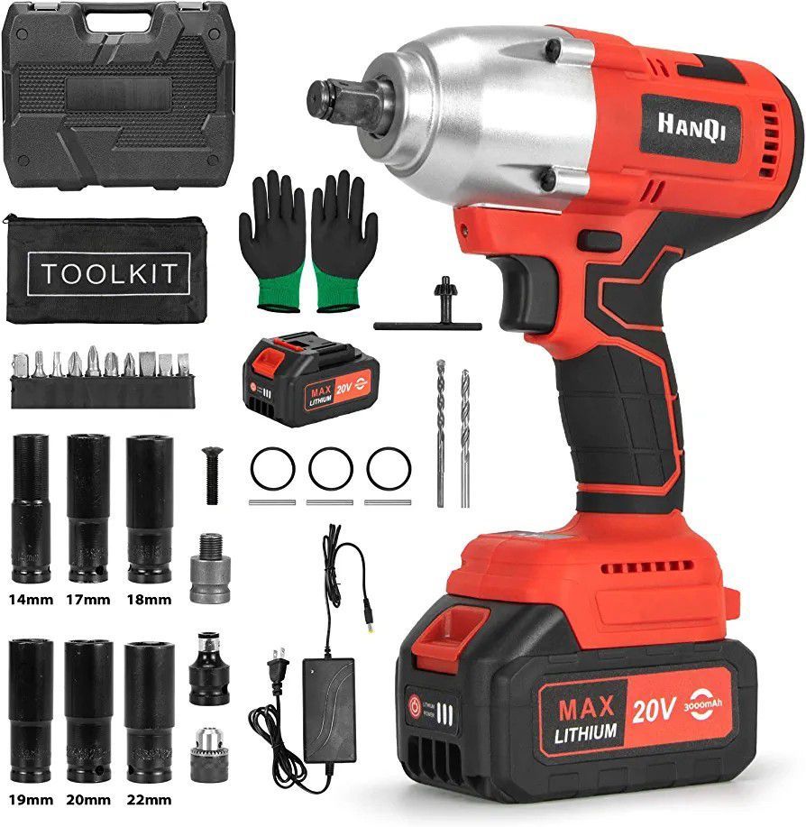 20V Cordless Impact Wrench 1/2 inch,Electric Power Impact wrenches,Brushless Motor Impact Gun,Max Torque 368 ft-lbs (500N.m) 3.0A Li-ion Battery,6Pcs