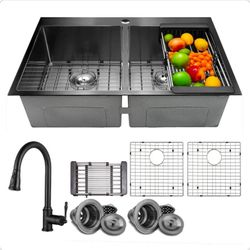 33in Double Bowl Drop-In Sink W/ Faucet.