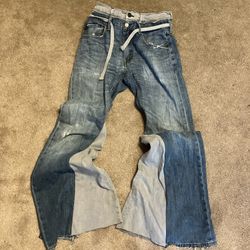 double waisted grey and navy blue jeans 