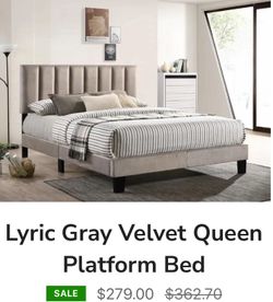 Grey velvet new platform bed sale with Mattress $495.