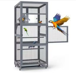 68 in. H Aviary Large Outdoor Wooden Bird Cage House, Gray