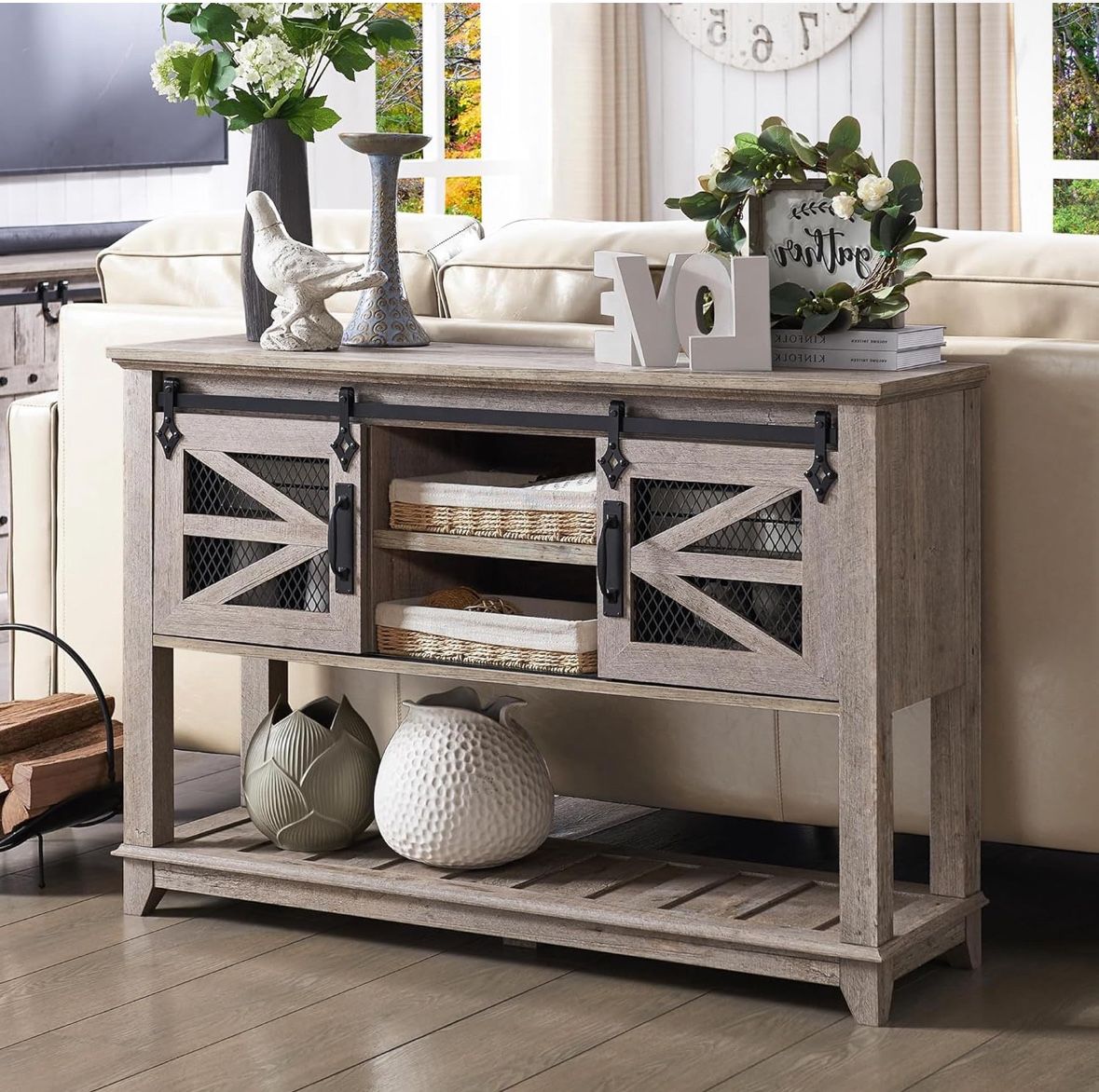 OKD Entryway Table w/Sliding Barn Doors, 46'' Farmhouse & Industrial Console Table with Storage, Rustic Sofa Table w/Adjustable Shelf & Open Shelf for