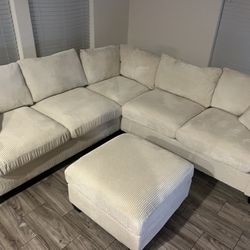 New Corduroy Sectional.  Off White / Beige.  99” X 99”.  Free Delivery!