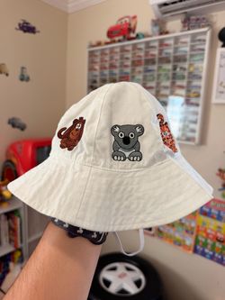 Kids White Bucket Hat with Animal Embroidery