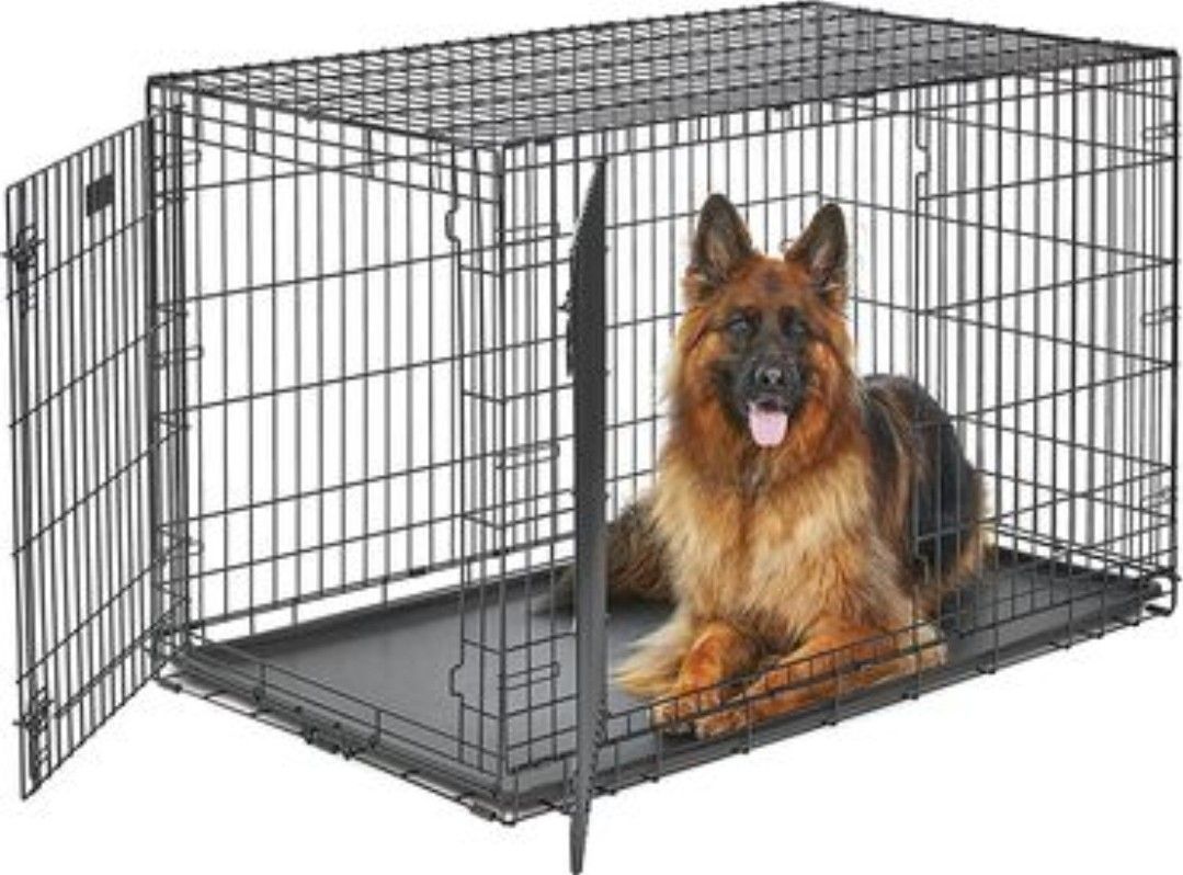 XL Dog Crate Double Door Folding Metal Dog Crate Divider, Floor Protect Feet, Leak-Proof 48x30x33