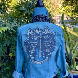 Women's Guess Austin Blues City Music Jean Jacket Medium with Handmade Skinny Scarf (Black and Gray)