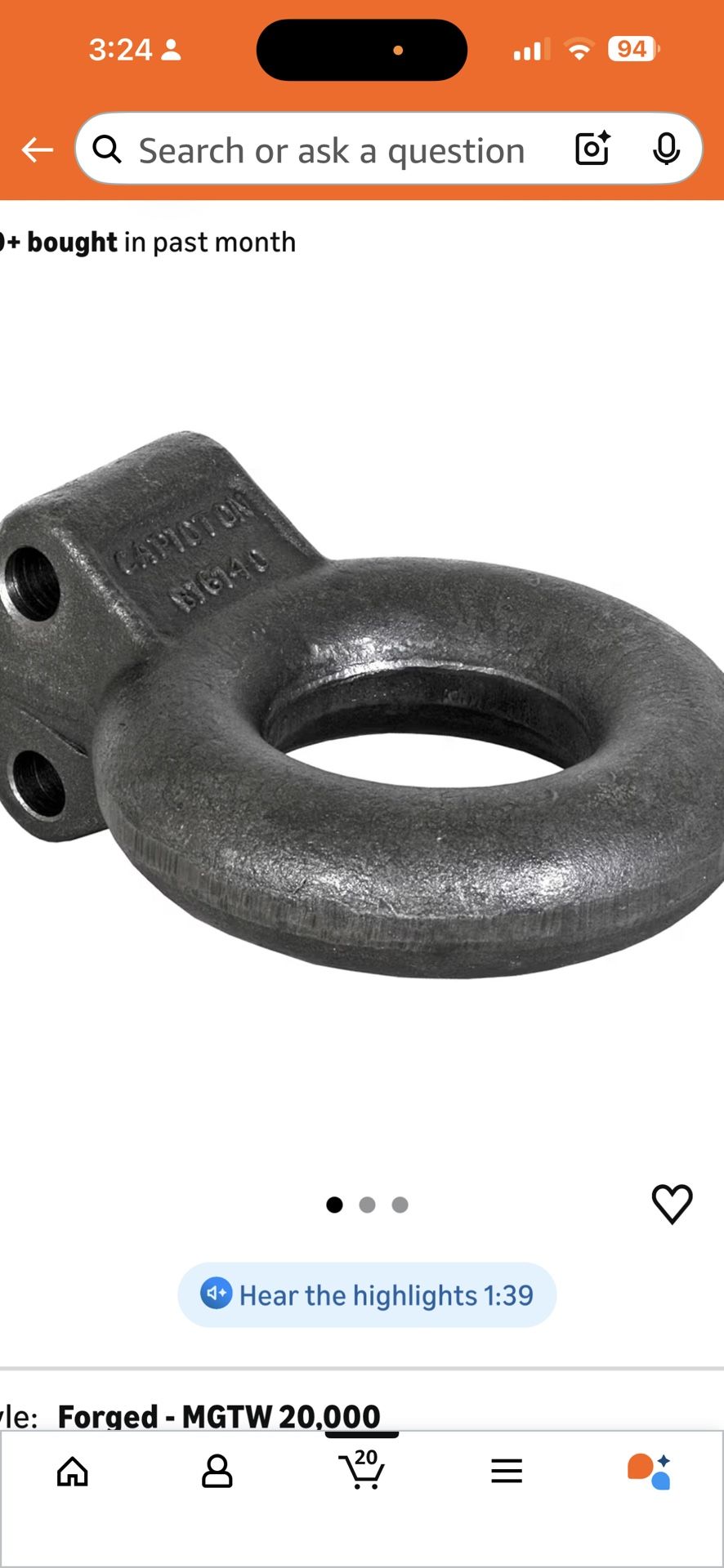 Buyers Products B16140 Plain Finish Forged Steel Tow Eye, 3" ID, 10 Ton Towing Eye, Pintle Hook Hitch Lunette Ring for Adjustable Channel Bracket,