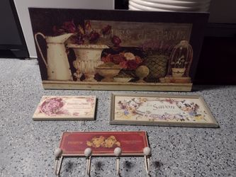 Four Piece French Theme Wall Decor. Large Canvas Measures 36 Inches Long And 17 Inches High