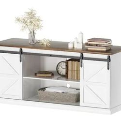 58 in. White Composite TV Stand Living Room Hub Fits TVs up to 65 in. with Sliding Barn Door and Adjustable Cabinets