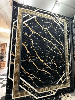 Black Gold Marble Area Rug with Greek Key Border