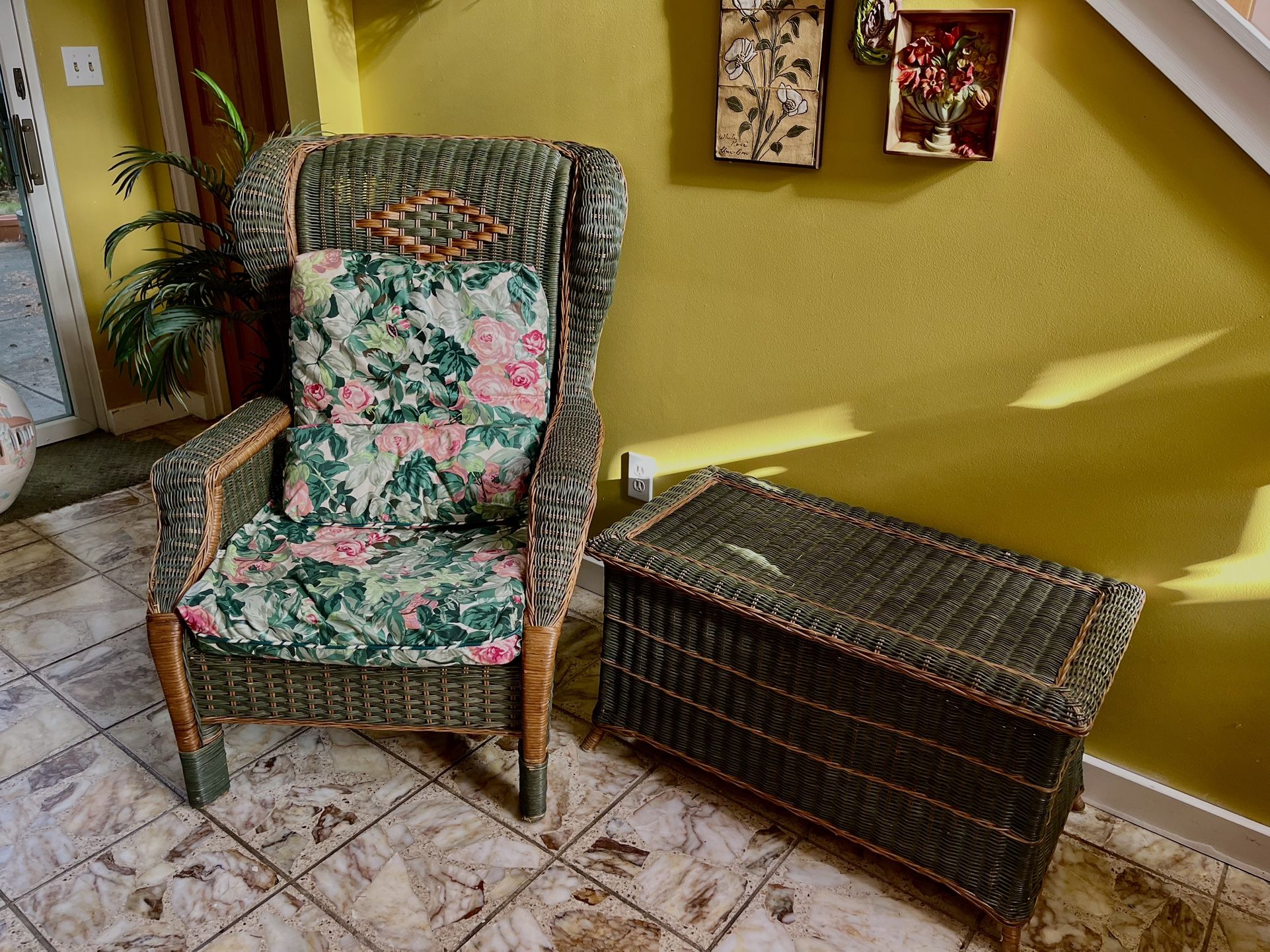 Wicker Rattan Green Wingback Chair & Chest 
