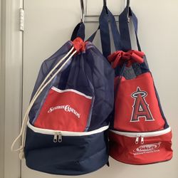 2 Large (Station Casinos) & Medium (Los Angeles Angels) Drawstring Mesh Backpack With Round Bottom Zipped Cooler, (Red, Blue, White)