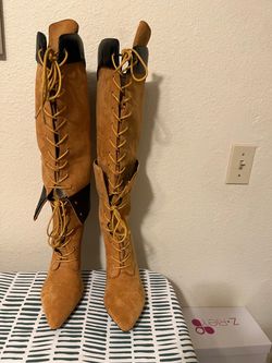 Knee-High Lace-Up Suede Heeled Boots