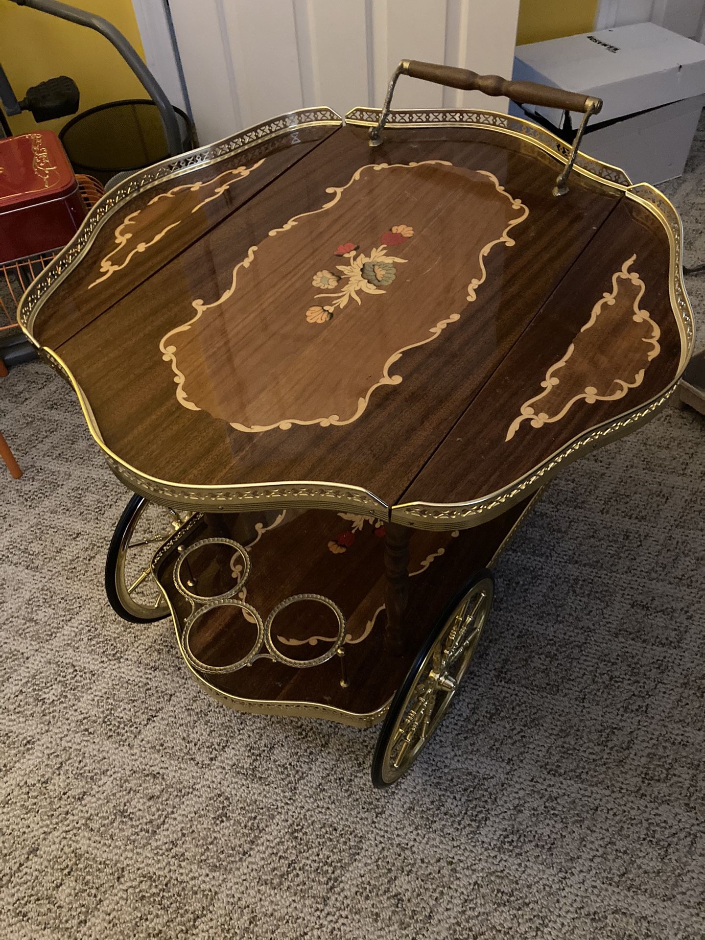Italian Mid Century Marquetry Double Serpentine Barwagon Table