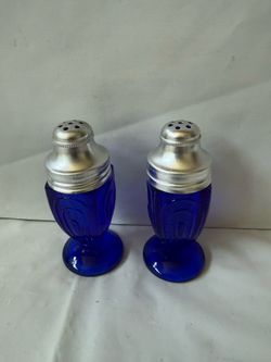 Vintage Cobalt Blue Glass Salt and Pepper Shakers with Silver Tone Metal Caps