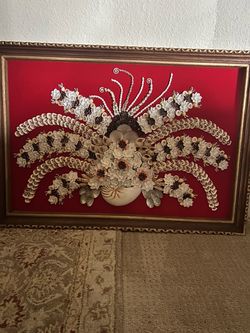 Large Asian shell Artwork with carved wood frame