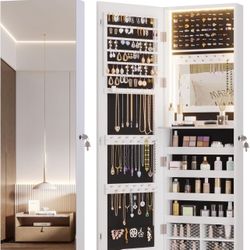 47.2" LED Jewelry Mirror Cabinet, Wall/Door Mounted Jewelry Armoire Organizer with Full Length Mirror, Large Storage Hanging Cabinet, 4 Drawers, 5 She