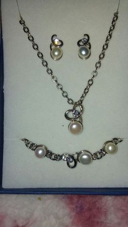 Pearl And CZ Bracelet, Necklace And Earrings