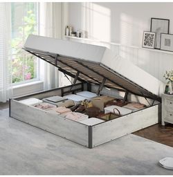 Lift-Up Storage Bed, King Bed Frame with Under-Bed Storage, Wooden Platform Bed Frame, Solid Wood Slat Support, No Fixed Headboard