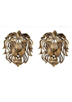 Two 3D Gold Resin 11" Lion Head Wall Hanging