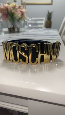 Moschino Black Leather Belt Gold Logo Letters