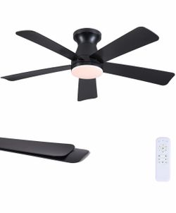 46"Modern Black Low Profile Flush Mount Ceiling Fans with Light and Remote Super Large Airflow with 6 Wind Speeds, Reversible, Dimmable 3CCT LED Light