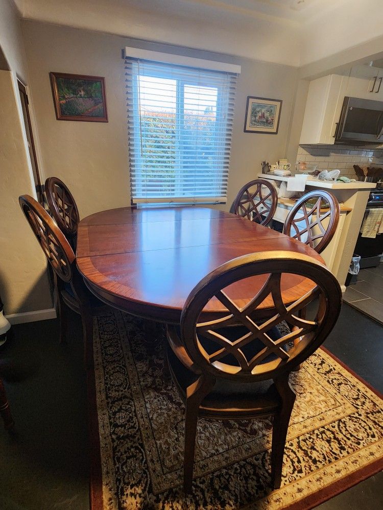 Vintage Solid Wood Dining Table w/ 6 Chairs & 1 Leaf