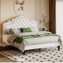 Queen Bed Frame Platform Bed, White with Adjustable Velvet Tiara Headboard, Upholstered   Z-6