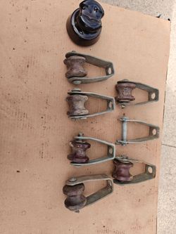 Vintage Porcelain Spool Insulators with Metal Brackets