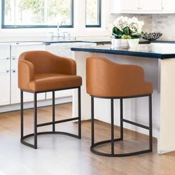 35.2 in. Modern Brown Faux Leather Upholstered Barrel Counter Stool with Metal Frame Counter Height Bar Stool Set of 2