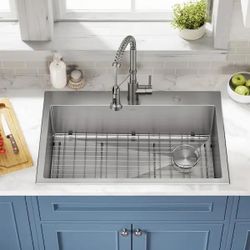 KRAUS Loften 33 in. Drop In/Undermount Single Bowl 18-Gauge Stainless Steel Kitchen Sink with Pull Down Faucet $199