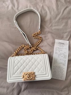 CHANEL White Quilted Caviar Small Boy Bag Aged Gold Hardware
